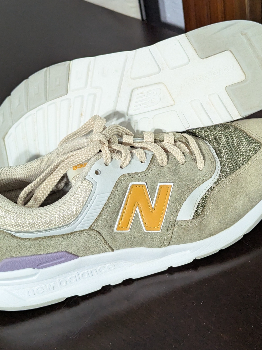New Balance Women’s Beige Suede Sneaker with Yellow Accent